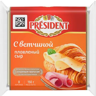 პრეზიდენტი მდნარი ყველის ნაჭრები ლორით 40% 150 გ.