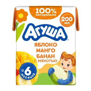 Сок Агуша С 6 месяцев, Яблоко-манго-банан с мякотью, 200 мл. - 4690228104374
