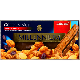Шок Міленіум 100 г мол. Gold з цілим мигдалем та родзинками Акція