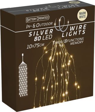 განათება კასკადი 80 თბილი თეთრი micro LED და 10 ვერცხლისფერი კაბელით, თითოზე 8 LED