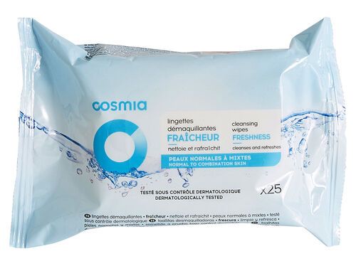 TOALHITAS COSMIA DESMAQUILHANTES FRESCURA PELES NORMAIS OU MISTAS 25UN