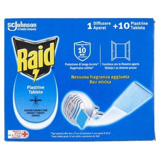 Raid Piastrine Antizanzare Comuni e Tigre, Azione prolungata,1 Diffusore + 10 Piastrine Ricarica