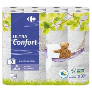 Papel Higiénico 3 Capas Suave Y Grueso Ultra Confort Carrefour 32 Rollos.