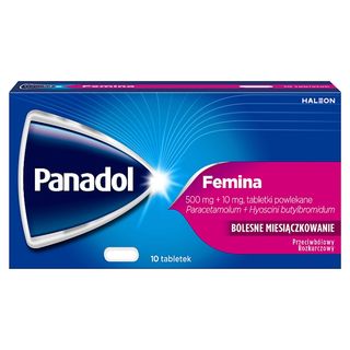 Panadol Femina Lek o działaniu przeciwbólowym na bóle menstruacyjne 500 mg paracetamol + 10 mg butylobromek hioscyny 10 tabletek