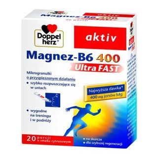 Doppelherz aktiv Magnez-B6 UltraFAST 400, granulki musujące w saszetkach, 20 szt.