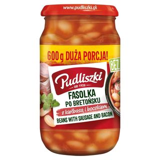 Pudliszki Fasolka po bretońsku z kiełbasą i boczkiem, 600 g