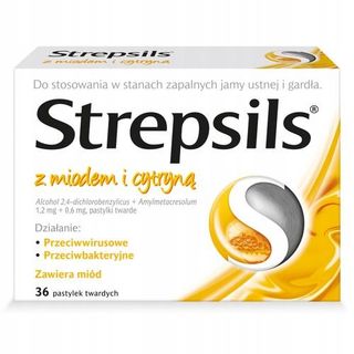 Strepsils Z Naturalnym miodem i cytryną 0,6 mg + 1,2 mg 36 pastyl.