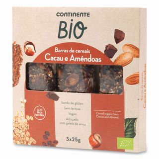 Barra Amêndoa, Cacau e Frutas sem Glúten Continente Bio (emb. 75 gr (3 un))