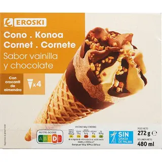Cono Grande De Vainilla Y Chocolate Eroski, Pack 4X120 Ml. (25473455)
