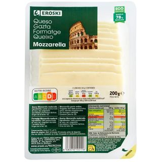Queso Mozzarella Eroski, Lonchas, Bandeja 200 G (10841419)