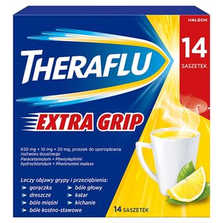 Theraflu Extra Grip Lek przeciwbólowy i przeciwgorączkowy na przeziębienie i grypę o smaku cytrynowym paracetamol 650mg + fenylefryna 10mg + feniramina 20mg 14 saszetek