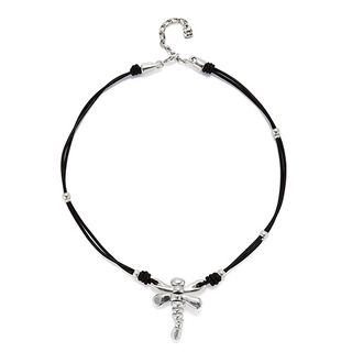 Collar De Cuero Y Libélula Bañada En Plata De Ley