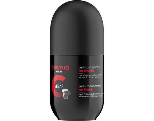 DESODORIZANTE COSMIA MEN ROLL ON SEM MANCHAS PRETO E BRANCO 50ML