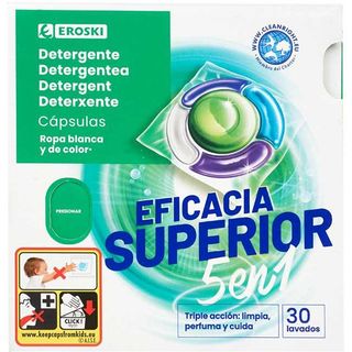 Detergente Cápsulas 5N1 Eficacia Superior Eroski, Caja 30 Dosis