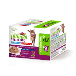 Natural trainer cat sterilised busta multipack 12x85g mix tonno e manzo