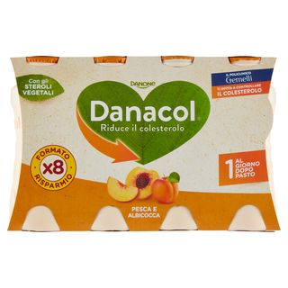 DANACOL Yogurt da bere, Riduce il Colesterolo grazie agli Steroli Vegetali, Pesca Albicocca, 8x100g