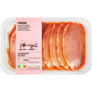 Filetes De Lomo De Cerdo Adobado Eroski, Bandeja 500 Gr.