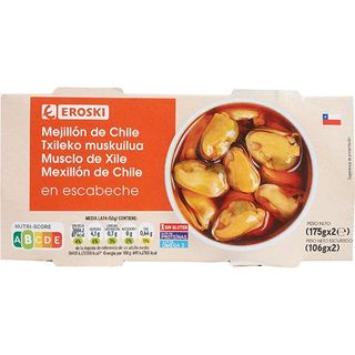 Mejillones chilenos en escabeche EROSKI, pack 2x175 g (26516500)