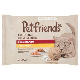 CONAD Petfriends Filettini in Gelatina 2 con Manzo, 2 con Pollo 4 x 100 g - 8003170076341