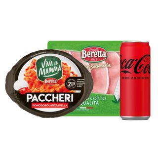 Pack Viva La Mamma Paccheri Pomodoro E Mozzarella 220g, Beretta Prosciutto Cotto 120g & Coca-Cola Zero 330ml