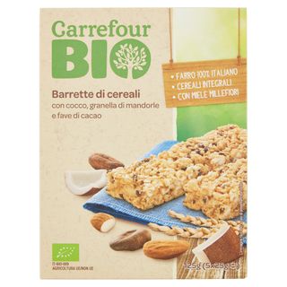 Carrefour Bio Barrette di cereali con cocco, granella di mandorle e fave di cacao 5 x 25 g