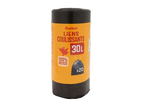SACOS DE LIXO AUCHAN FECHO FÁCIL 30L 100% RECICLADOS 20UN