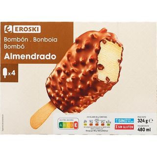 Helado Bombón Almendrado Grande Eroski, Pack 4X120 Ml. (25468125)