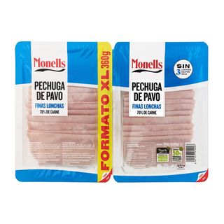 Pechuga de Pavo Cocida sin Gluten Finas Lonchas Monells 2 X 180 G.