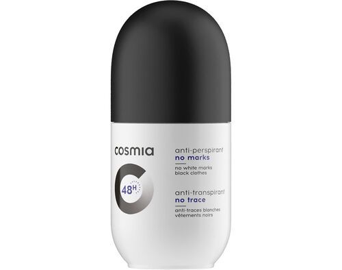 DESODORIZANTE ROLL ON COSMIA SEM MANCHAS PRETO E BRANCO 50ML