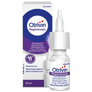 Otrivin Regeneracja Aerozol do nosa na katar potrójna ulga zmniejsza obrzęk Chlorowodorek ksylometazoliny 0,1 mg+5 mg deksopantenol/0,1ml 10ml