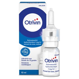Otrivin Aerozol do nosa, na katar, o działaniu nawilżającym i udrożniającym Chlorowodorek ksylometazoliny 1 mg/ml 10 ml