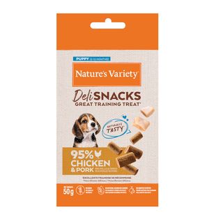 50 g Nature's Variety Bocaditos Deli Snacks Puppy Pollo y Cerdo para perros