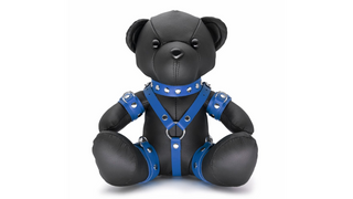 Eddy Skórzany miś z NIEBIESKIMI skórzanymi akcesoriami