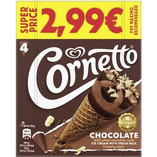 Helado Cono de chocolate con barquillo CORNETTO, pack 4x90 ml (26607903)