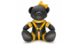 Meddy Skórzany miś z ŻÓŁTYMI skórzanymi akcesoriami i kokardką