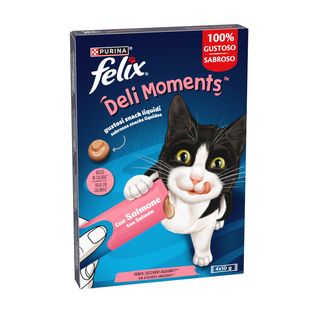 4 sobres x 10 g Purina Felix Deli Moments con Zalmon Snack líquido para gatos