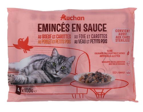 COMIDA HÚMIDA PARA GATO AUCHAN SAQUETAS PEDAÇOS EM MOLHO CARNES 4X100G