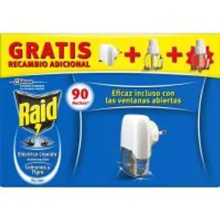 Insecticida Eléctrico Líq. 45 Noches Raid, Aparato + 2 Recambios