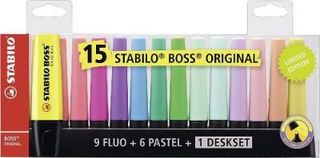 Set De Escritorio De 15 Marcadores Stabilo Boss Original 9 Flúor Y 6 Pastel (4006381517478)