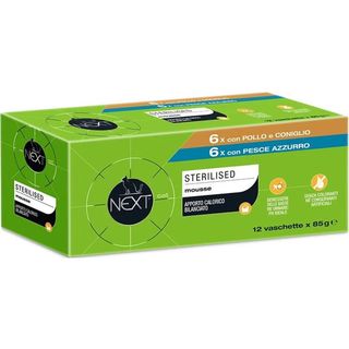 Next cat sterilised vaschetta multipack 12x85g pollo e pesce azzuro