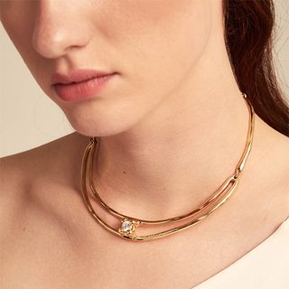 Collar Doble Rígido Bañado En Oro 18K Y Circonita Blanca