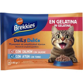 Salmón Y Atún En Gelatina Para Gato Brekkies Delice, Pack 4X85 G