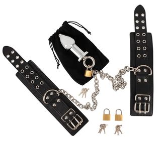zestaw bondage - kajdanki z korkiem analnym