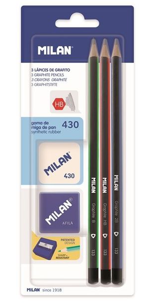Milan 3 Lápices Grafito + Goma 430 + Sacapuntas (8411574046189)