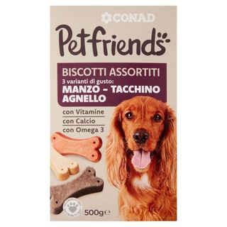 CONAD Petfriends Biscotti Assortiti 3 varianti di gusto: Manzo - Tacchino - Agnello 500 g - 8003170076372