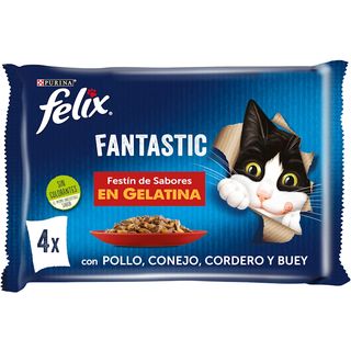 Comida Húmeda Festín De Sabores En Gelatina Para Gatos Pollo, Conejo, Cordero Y Buey Purina - Felix 4 X 85 Gr