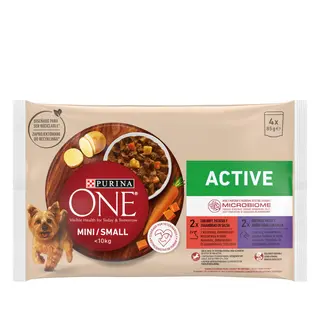 0.34 KG One Adult Mini Small Active Multipack Buey y Pato en Salsa sobre para perros