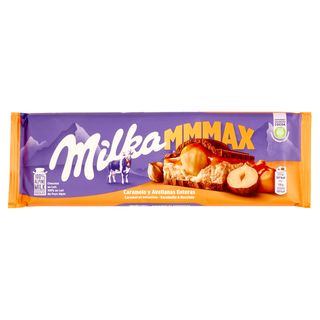 Milka Mmmax, maxi tavoletta di cioccolato al latte 100% alpino con caramello e nocciole - 300g