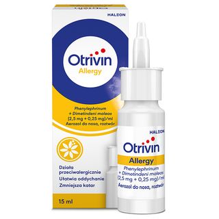 Otrivin Allergy Aerozol do nosa na katar na zapalenia błony śluzowej nosa i katar sienny (fenylefryna 2,5 mg+maleinian dimetyndenu 0,25 mg)/ml 15 ml