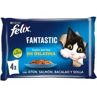 Comida Húmeda Festín Del Mar En Gelatina Con Atún, Salmón, Bacalao Y Solla Para Gatos Purina - Felix 4 X 85 Gr